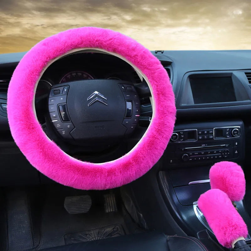 3PCS Set Soft Furry Polyester Women Car Accessories All Season Universal Fit - Include Gear Shift,Handbrake,Steering Wheel Cover