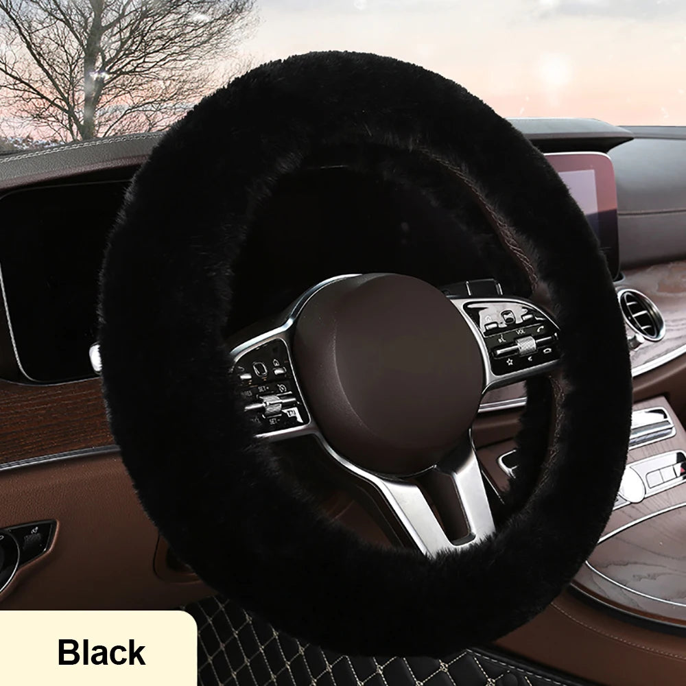 Car Steering Wheel Cover Protector Decoration Warm Super Thick Plush Soft Black Steering Cover for Women Men Winter