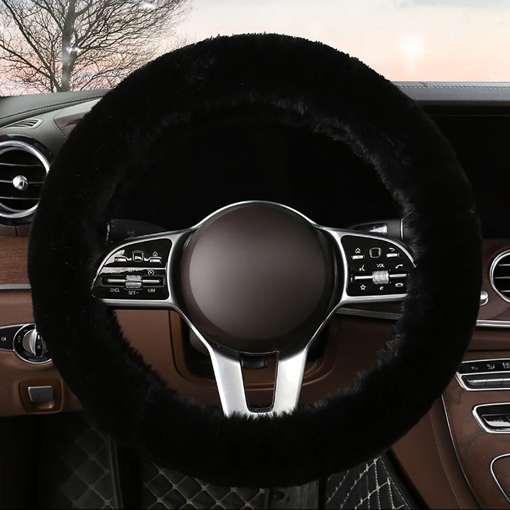 Car Steering Wheel Cover Protector Decoration Warm Super Thick Plush Soft Black Steering Cover for Women Men Winter